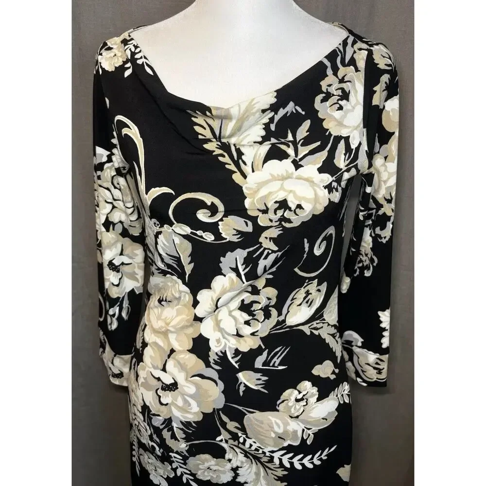 White House Black Market Dress Womens XXS Black Floral Knee Length Midi